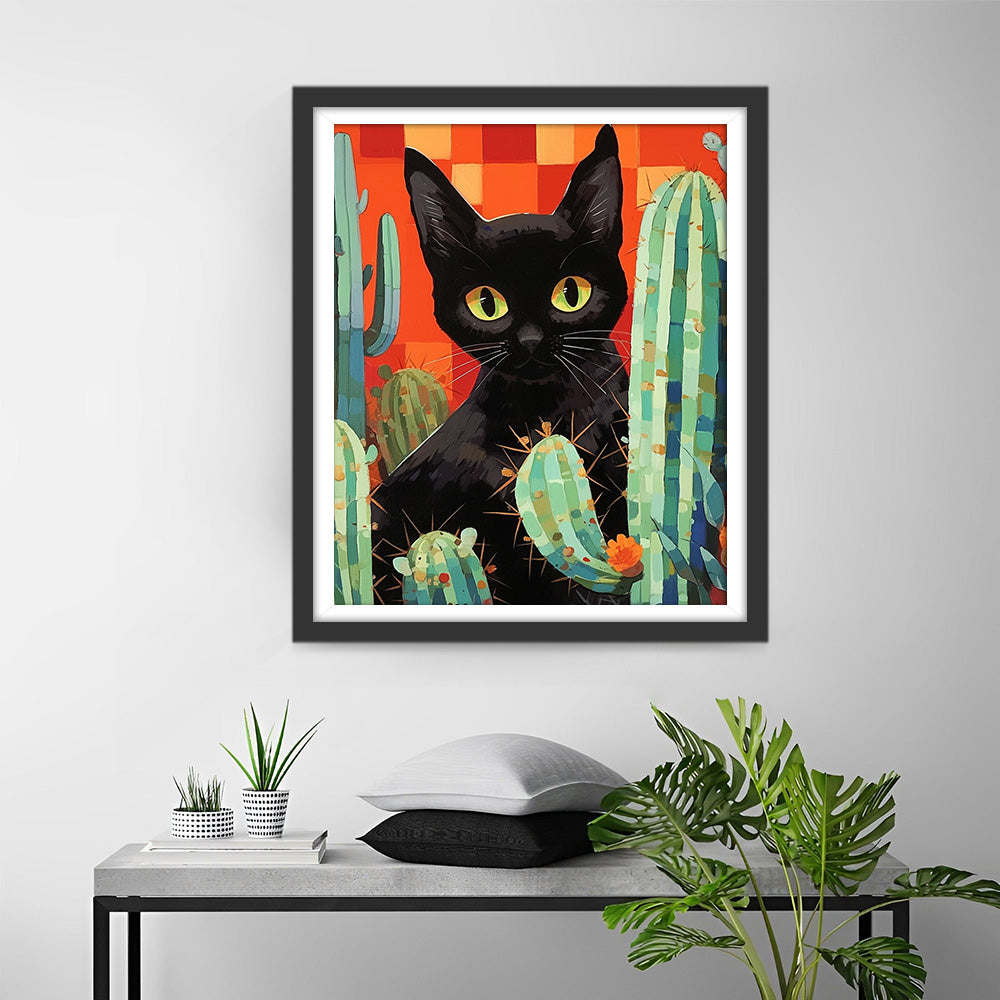 Chat Noir Dessin Animé et Cactus Broderie Diamant