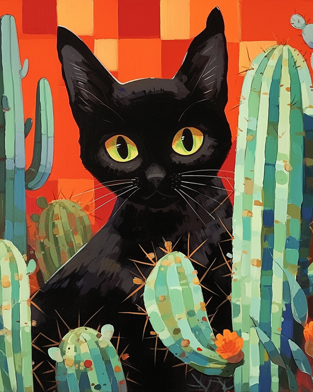 Chat Noir Dessin Animé et Cactus Broderie Diamant