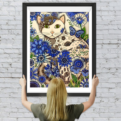 Chat Noir et Blanc avec des Fleurs Bleues Broderie Diamant
