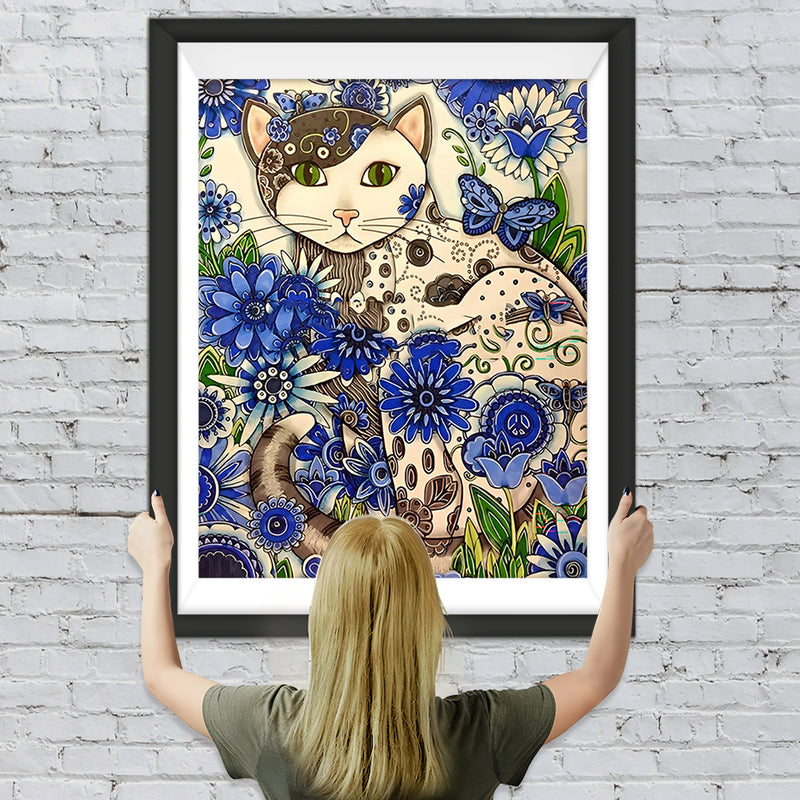 Chat Noir et Blanc avec des Fleurs Bleues Broderie Diamant