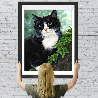Chat Noir et Blanc dans l'Arbre Broderie Diamant