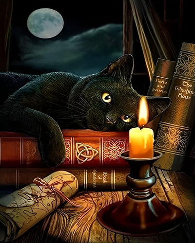Chat Noir et Bougie Broderie Diamant