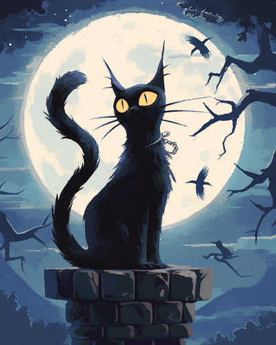 Chat Noir et Lune Broderie Diamant