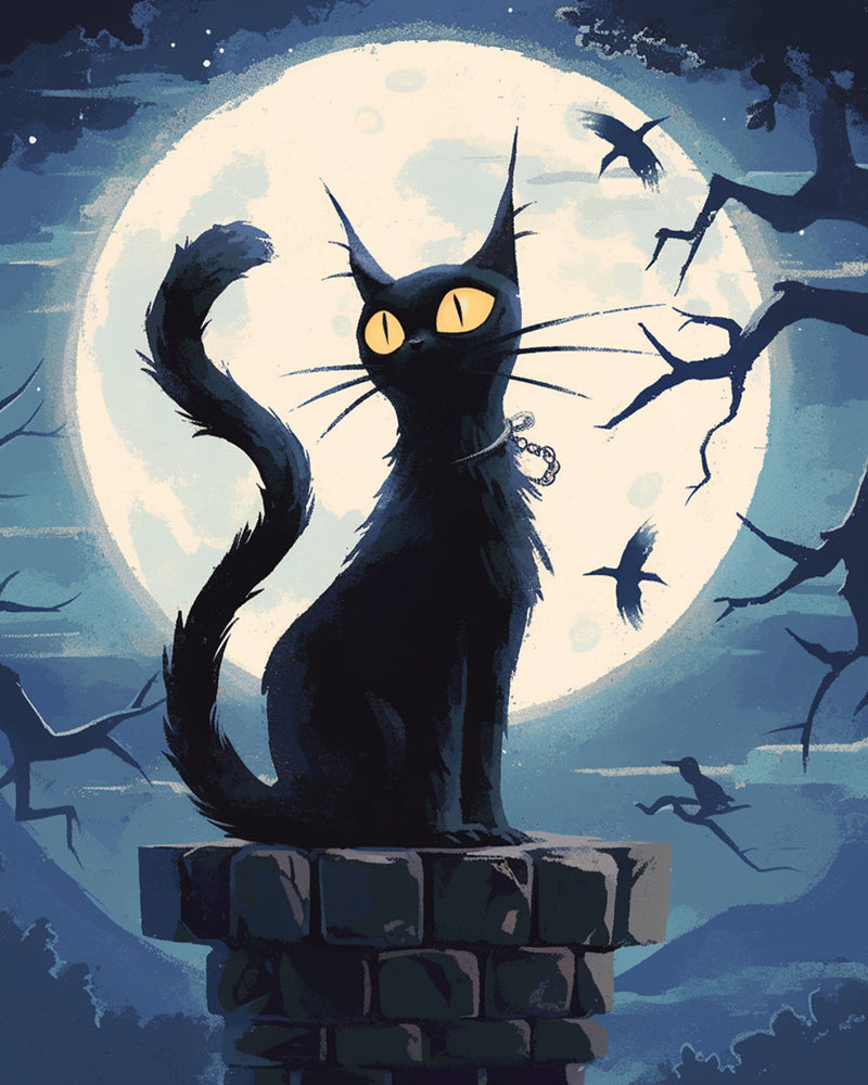 Chat Noir et Lune Broderie Diamant