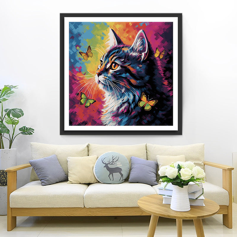 Chat Noir et Papillons Broderie Diamant