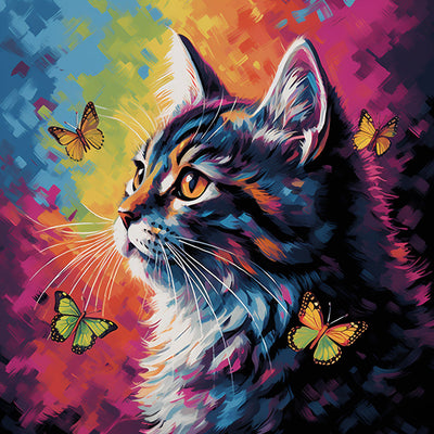 Chat Noir et Papillons Broderie Diamant
