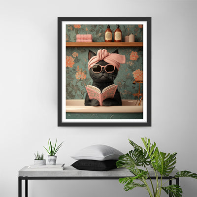 Chat Noir Lisant un Livre Broderie Diamant