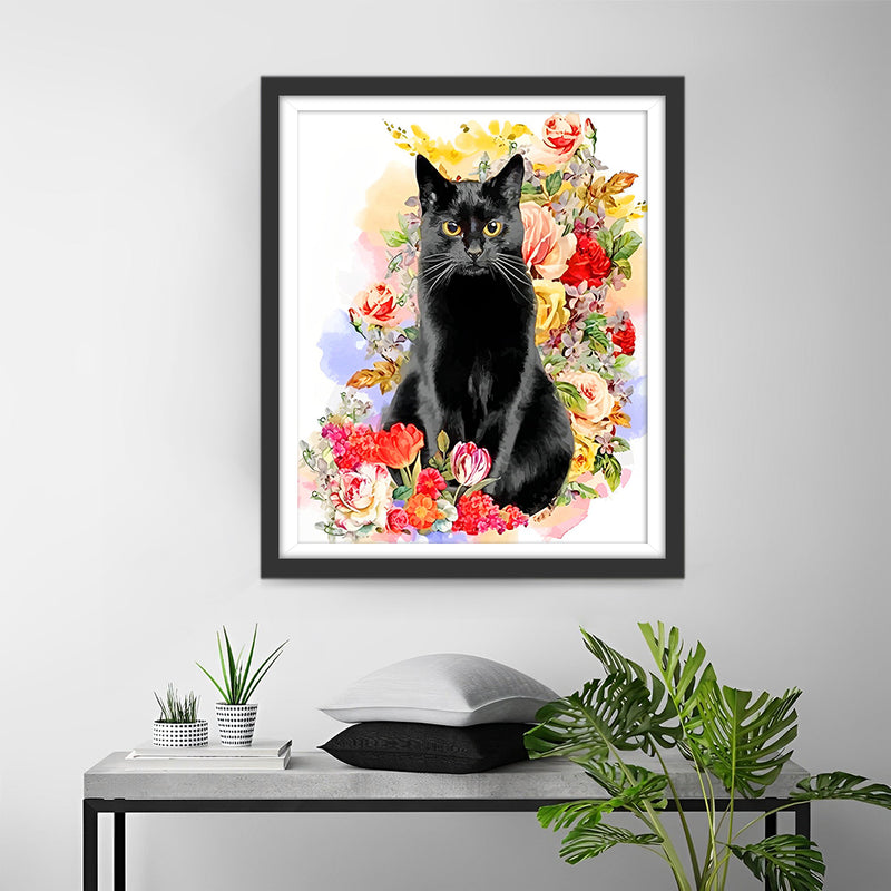 Chat Noir parmi les Fleurs Broderie Diamant