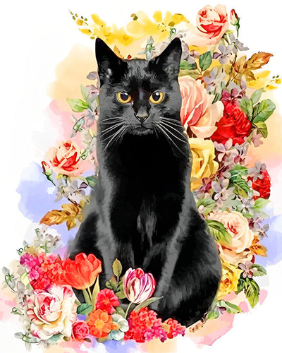 Chat Noir parmi les Fleurs Broderie Diamant