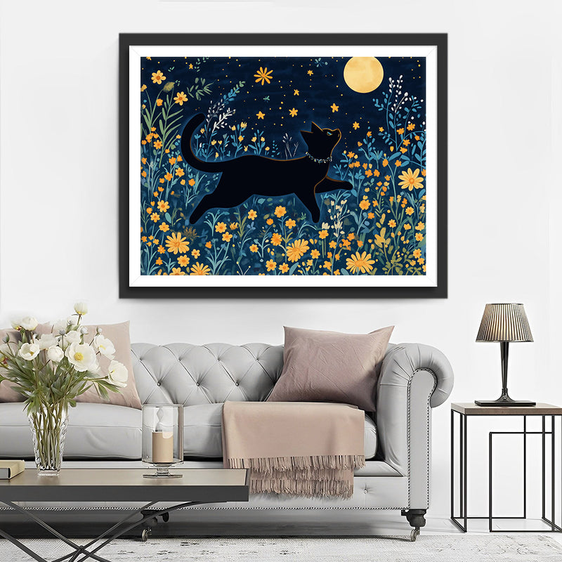 Chat Noir Parmi Les Fleurs Jaunes Sous la Pleine Lune Broderie Diamant