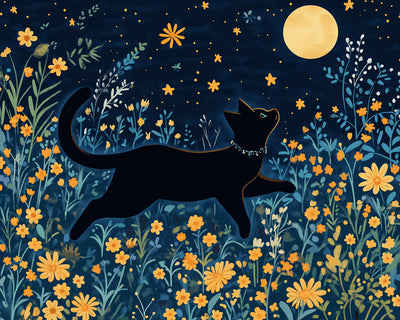 Chat Noir Parmi Les Fleurs Jaunes Sous la Pleine Lune Broderie Diamant
