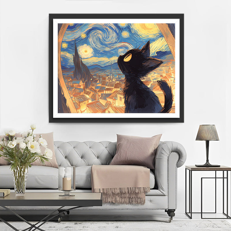 Chat Noir Regardant le Ciel Étoilé Broderie Diamant