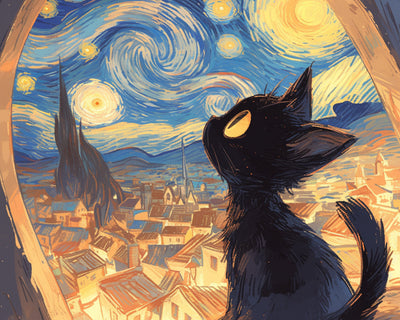 Chat Noir Regardant le Ciel Étoilé Broderie Diamant