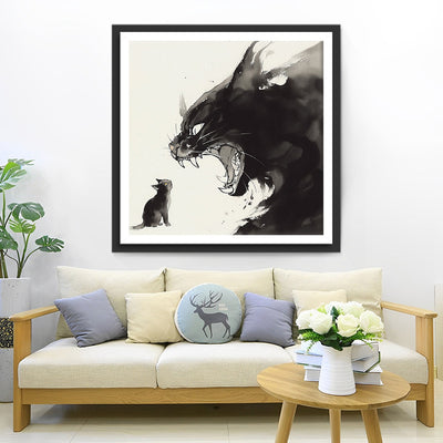 Chat Noir Rugissant sur un Chaton Broderie Diamant