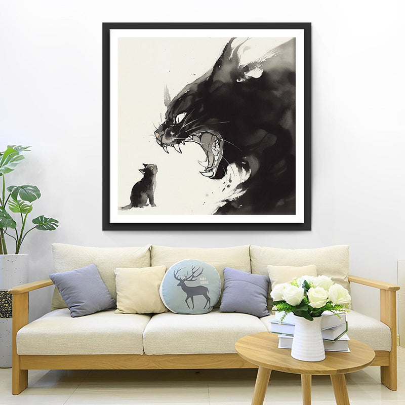 Chat Noir Rugissant sur un Chaton Broderie Diamant