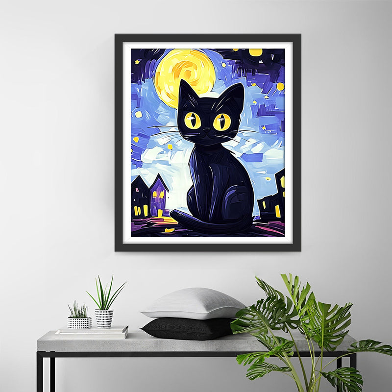 Chat Noir sous la Nuit Étoilee Broderie Diamant