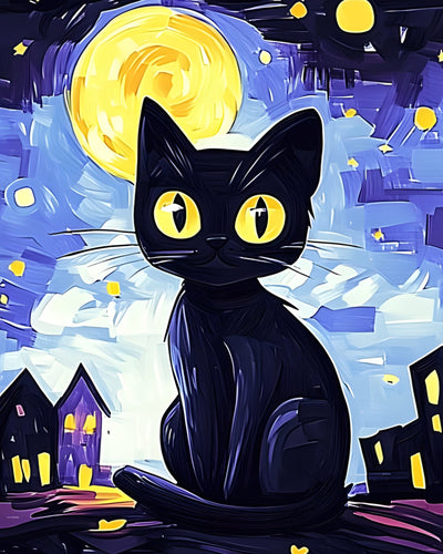 Chat Noir sous la Nuit Étoilee Broderie Diamant