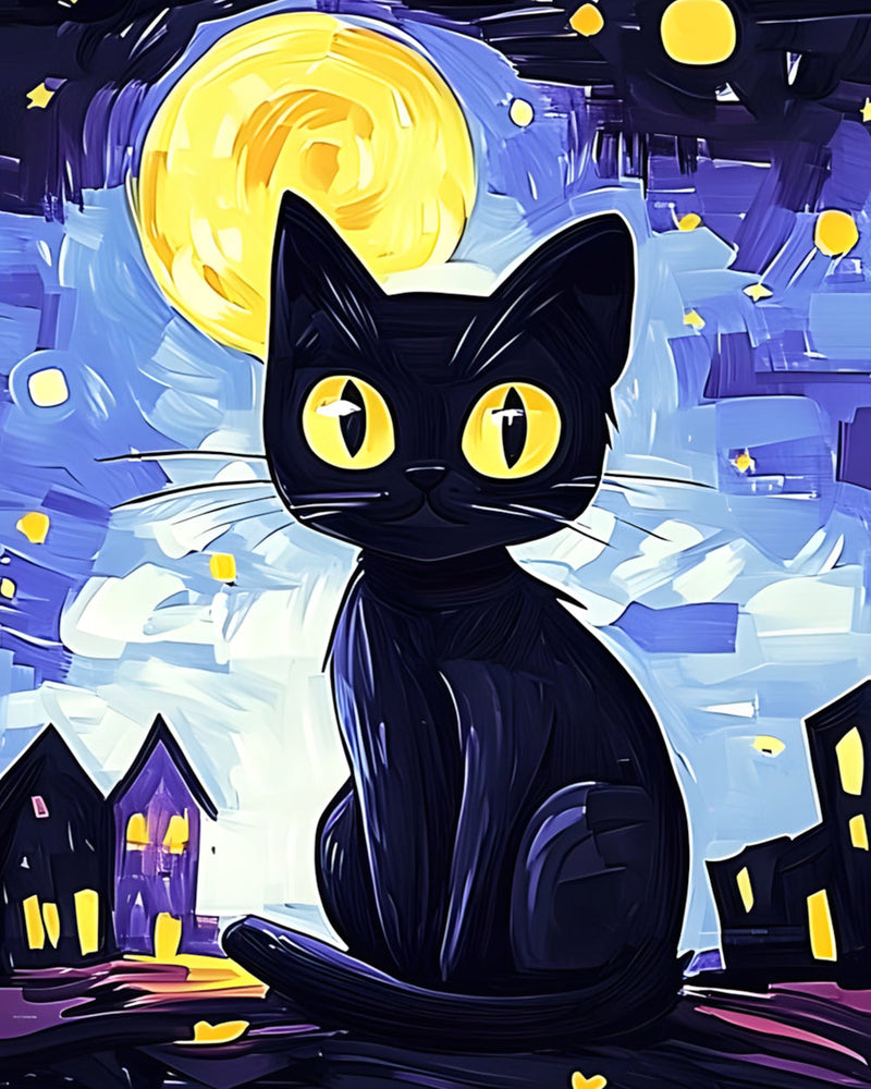 Chat Noir sous la Nuit Étoilee Broderie Diamant