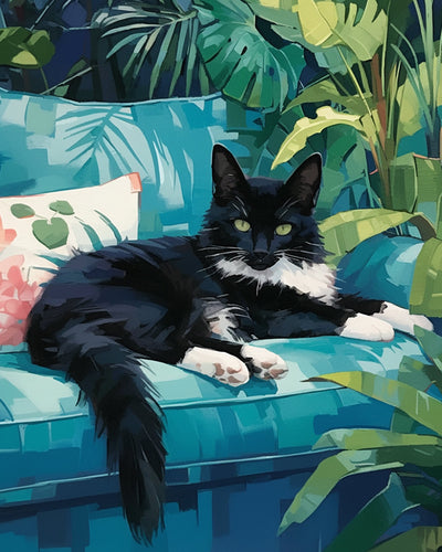 Chat Noir sur le Canape Vert Broderie Diamant