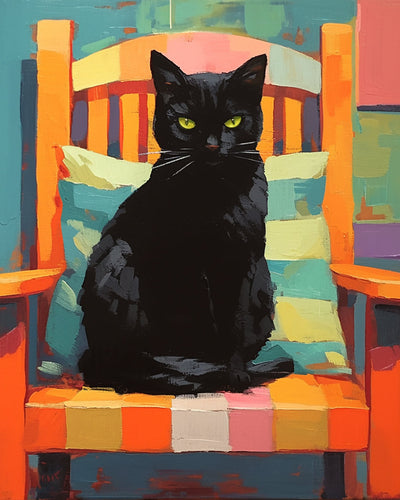 Chat Noir sur une Chaise Colorée Broderie Diamant