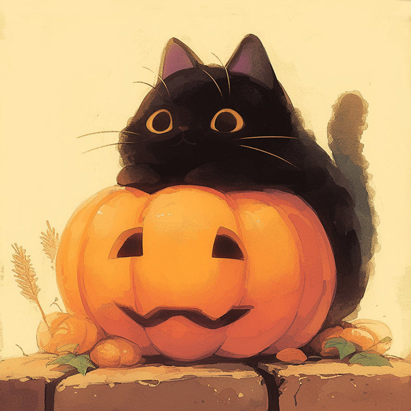 Chat Noir sur une Citrouille de Halloween Broderie Diamant