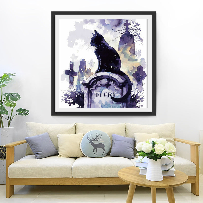Chat Noir sur une Pierre Tombale Broderie Diamant