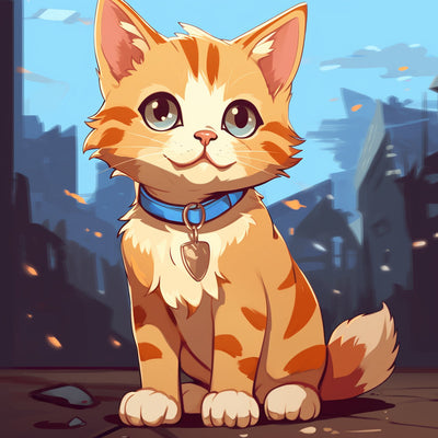 Chat Orange de Dessin Animé avec un Collier Bleu Broderie Diamant