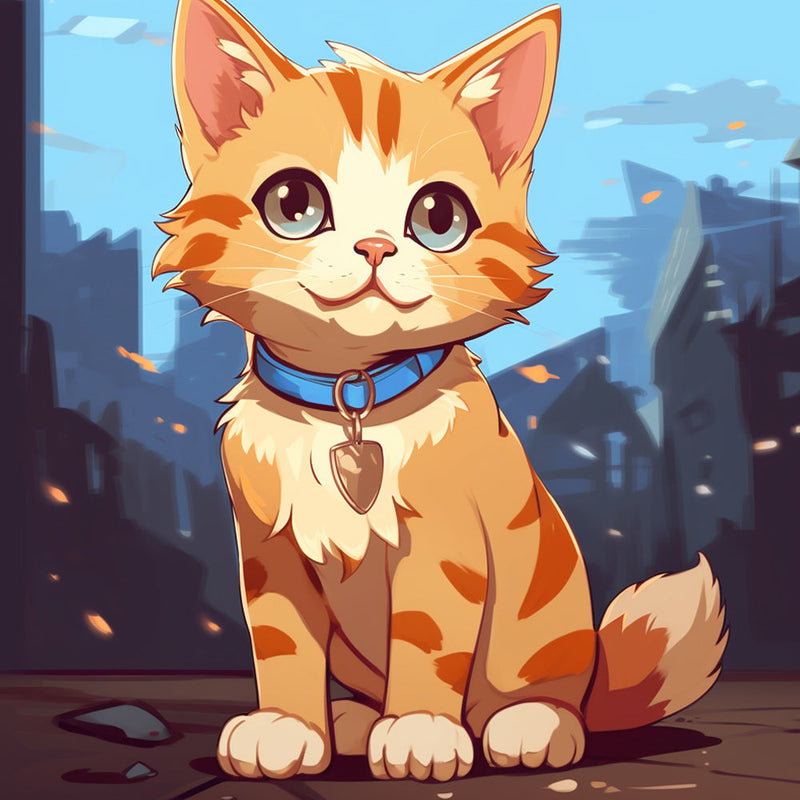 Chat Orange de Dessin Animé avec un Collier Bleu Broderie Diamant