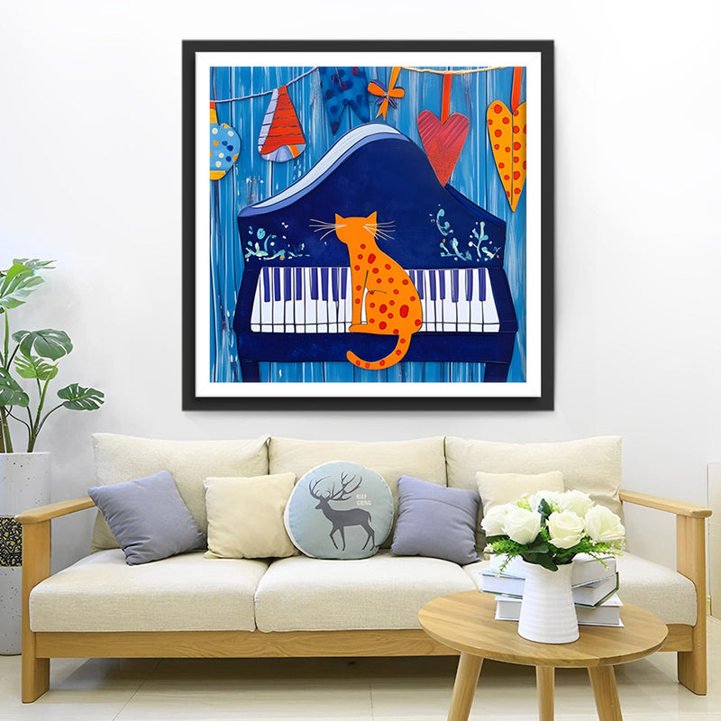 Chat Orange en Dessin Animé Jouant du Piano Broderie Diamant