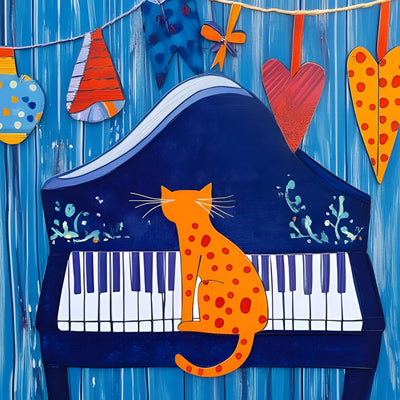 Chat Orange en Dessin Animé Jouant du Piano Broderie Diamant