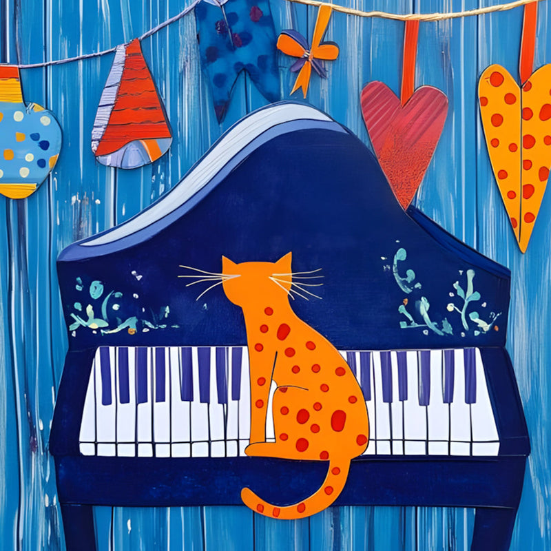 Chat Orange en Dessin Animé Jouant du Piano Broderie Diamant