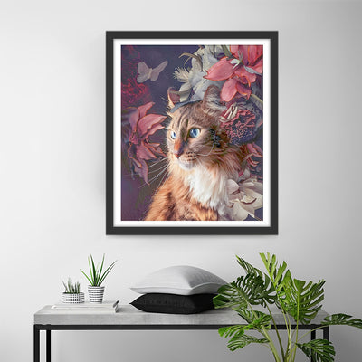 Chat Orange et Fleurs Broderie Diamant