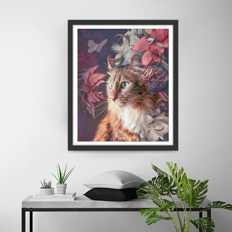 Chat Orange et Fleurs Broderie Diamant