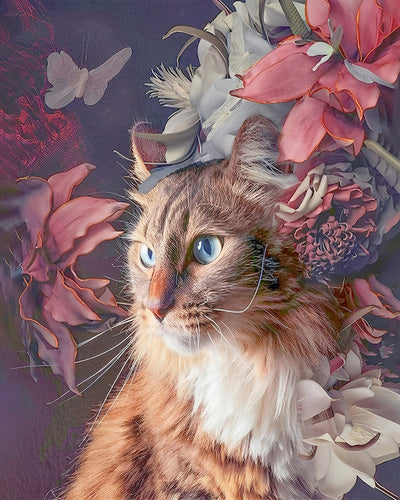 Chat Orange et Fleurs Broderie Diamant
