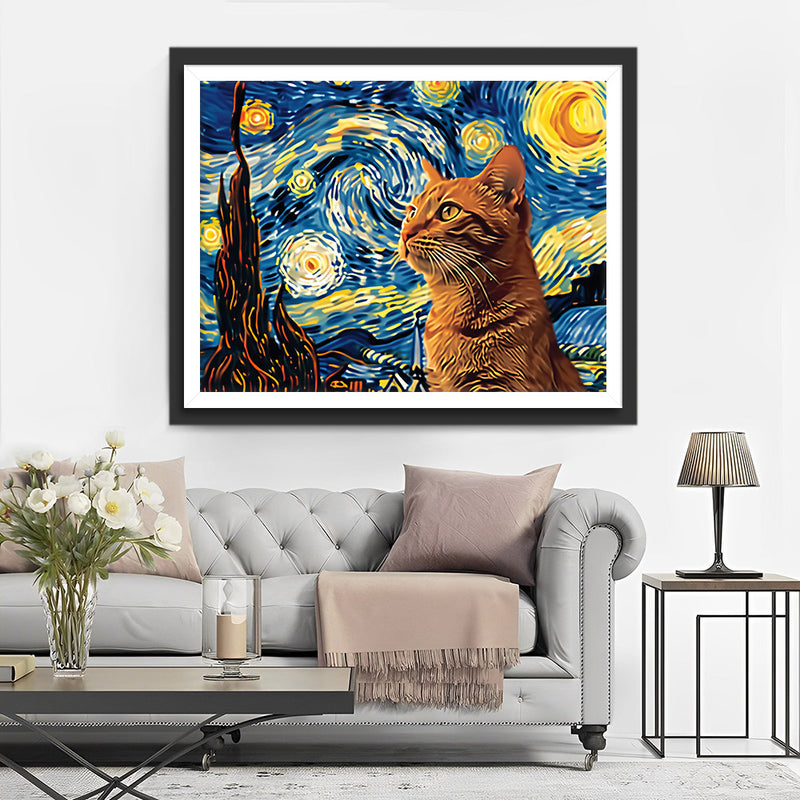 Chat Orange et le Ciel Étoilé Broderie Diamant