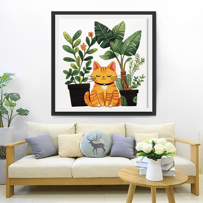 Chat Orange et Plantes en Pot Broderie Diamant