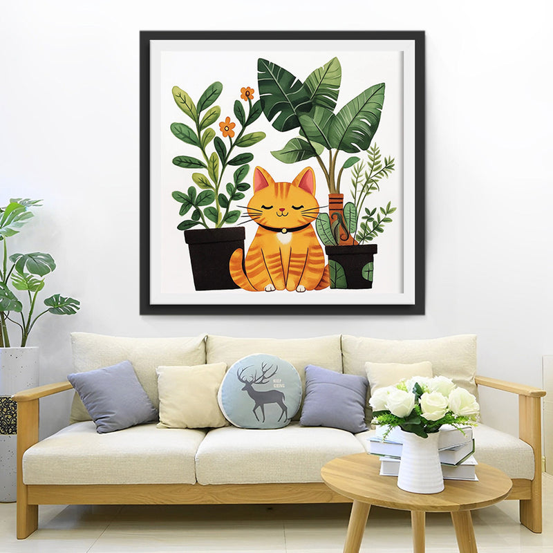 Chat Orange et Plantes en Pot Broderie Diamant