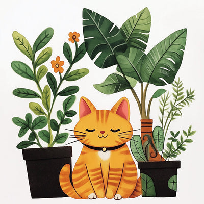 Chat Orange et Plantes en Pot Broderie Diamant