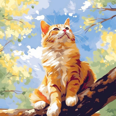 Chat Orange Grimpant sur le Tronc d’Arbre Broderie Diamant