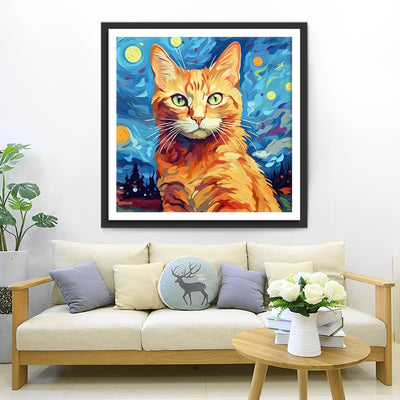 Chat Orange sous la Nuit Étoilée Broderie Diamant