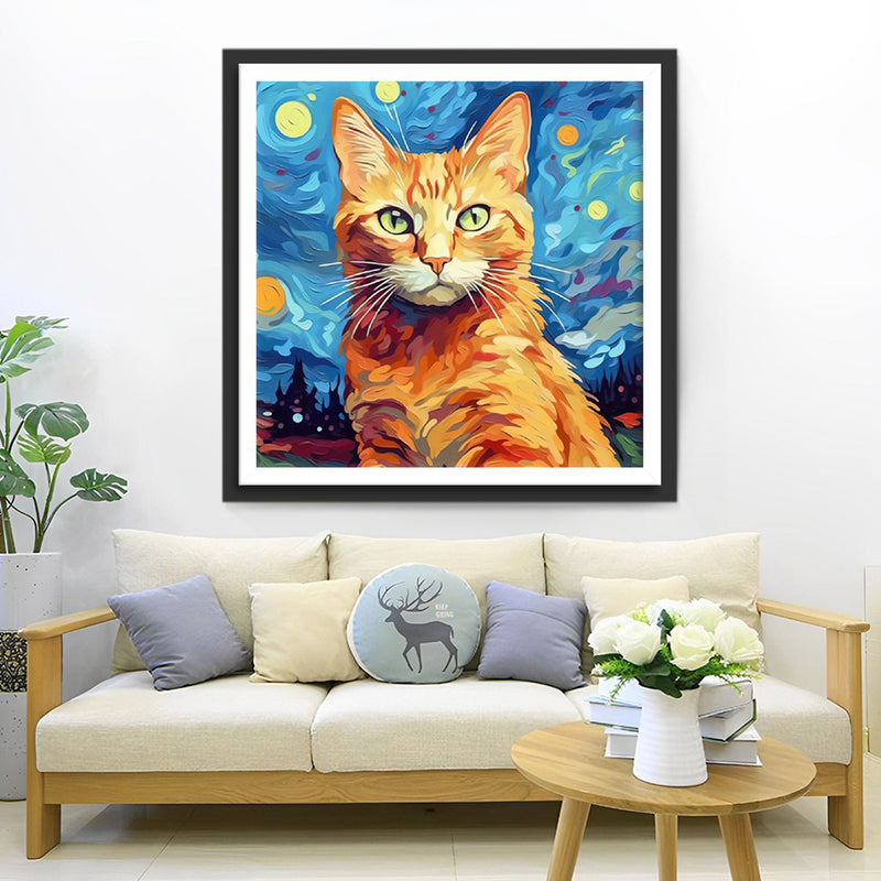 Chat Orange sous la Nuit Étoilée Broderie Diamant