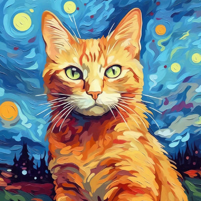 Chat Orange sous la Nuit Étoilée Broderie Diamant