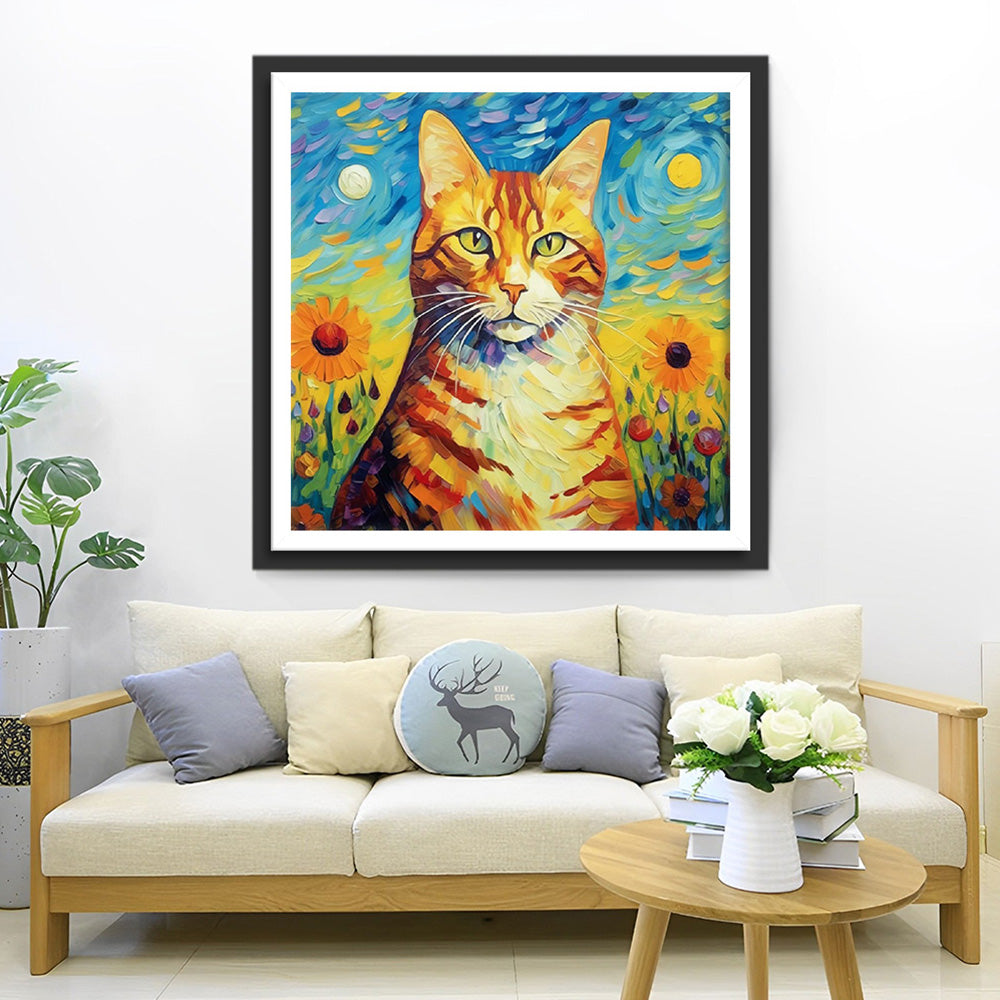 Chat Orange Style Van Gogh Broderie Diamant