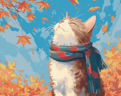 Chat Portant une echarpe et Feuilles d'Érable Broderie Diamant