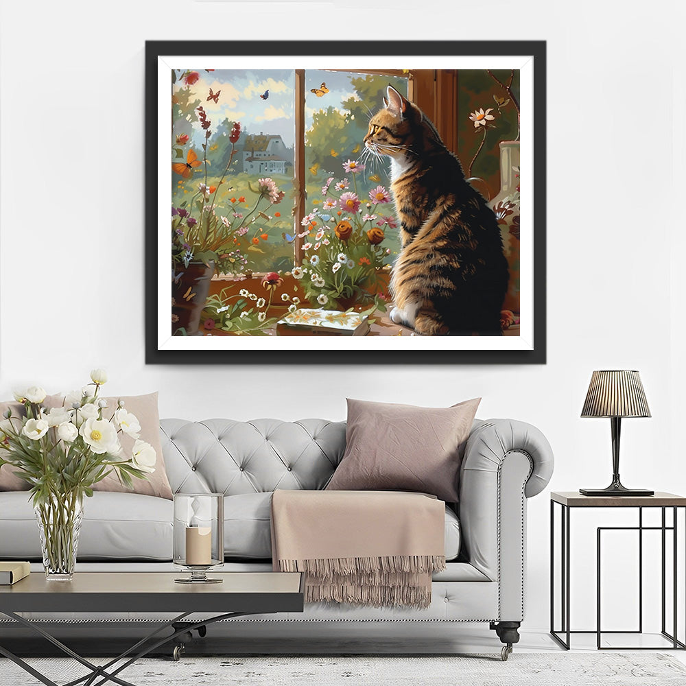 Chat Regardant par la Fenêtre Broderie Diamant