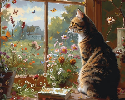 Chat Regardant par la Fenêtre Broderie Diamant