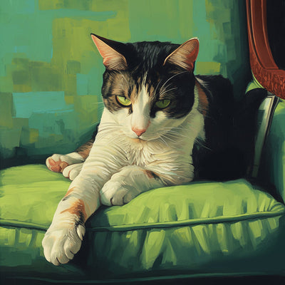 Chat sur Canape Vert Broderie Diamant