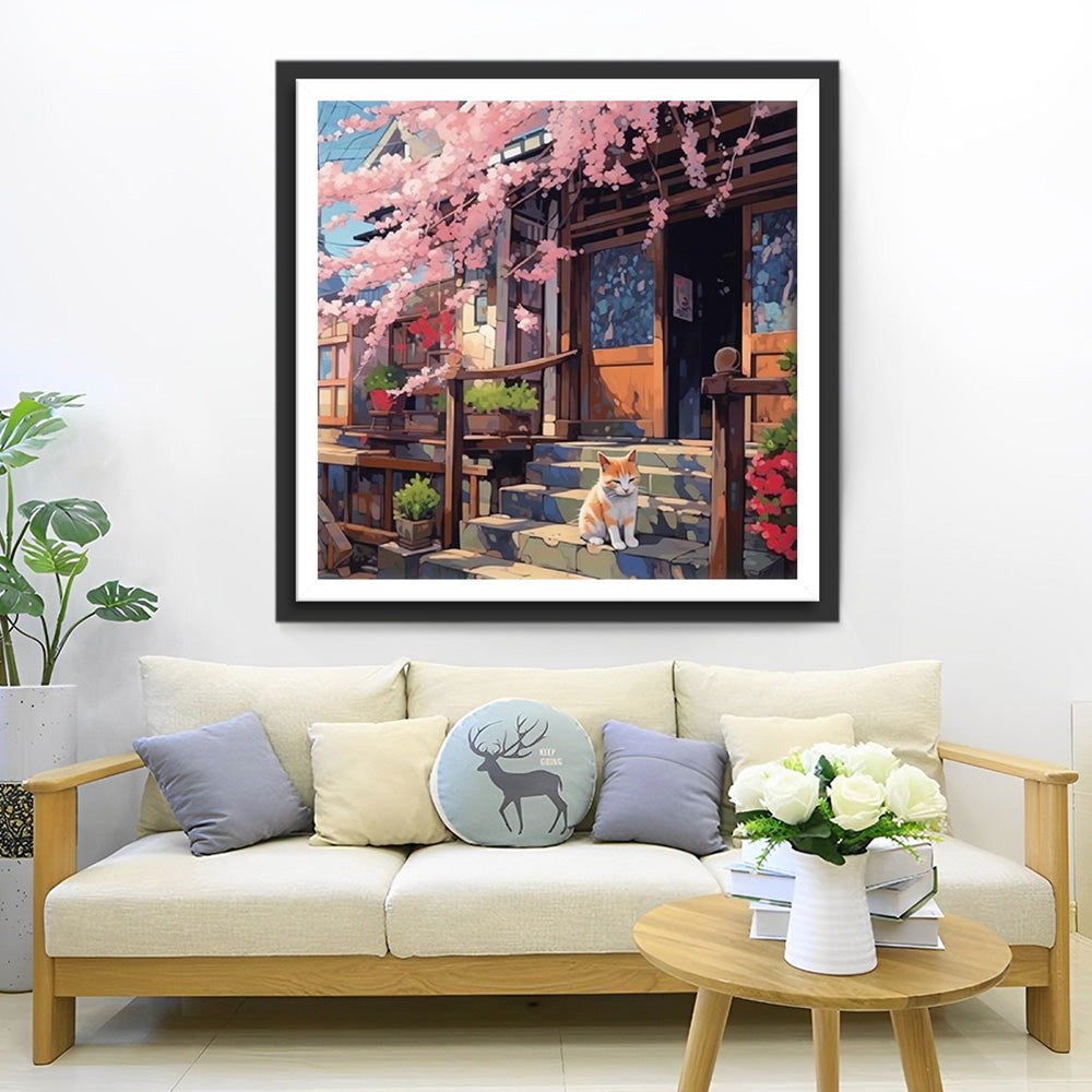 Chat sur les Marches de la Maison en Bois Broderie Diamant