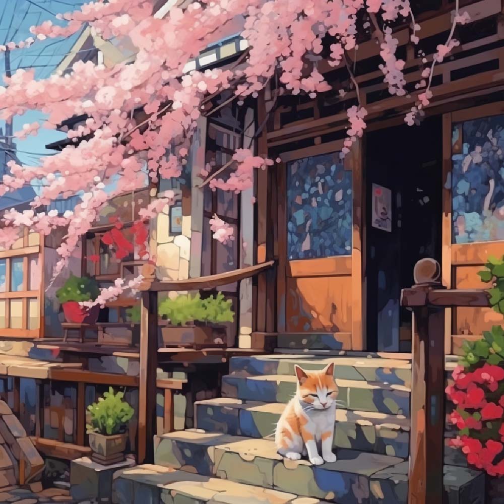 Chat sur les Marches de la Maison en Bois Broderie Diamant