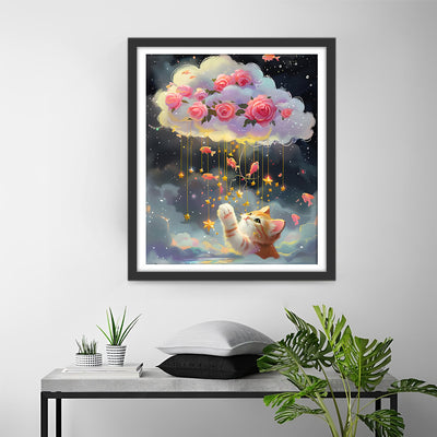Chat Veut des Roses Roses dans les Nuages et des Poissons Rouges Broderie Diamant